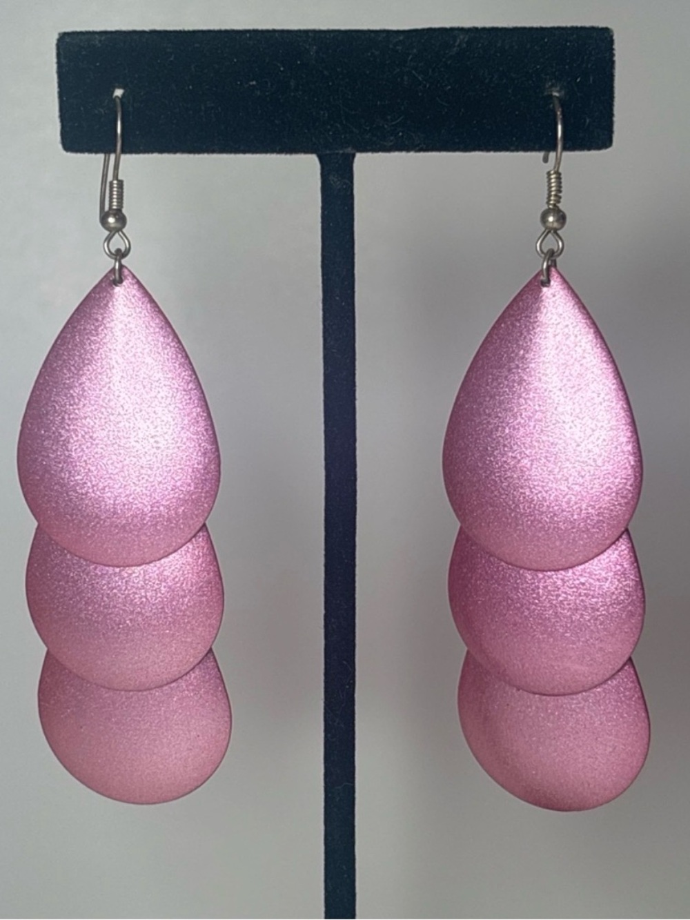 Y2K 90s Earrings Pink Layered Teardrop Dangle Satin Finish Metal Statement Retro